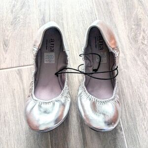 a.n.a Joy Metallic Silver Memory Foam Round Toe Slip-On Wide Fit Ballet Flats